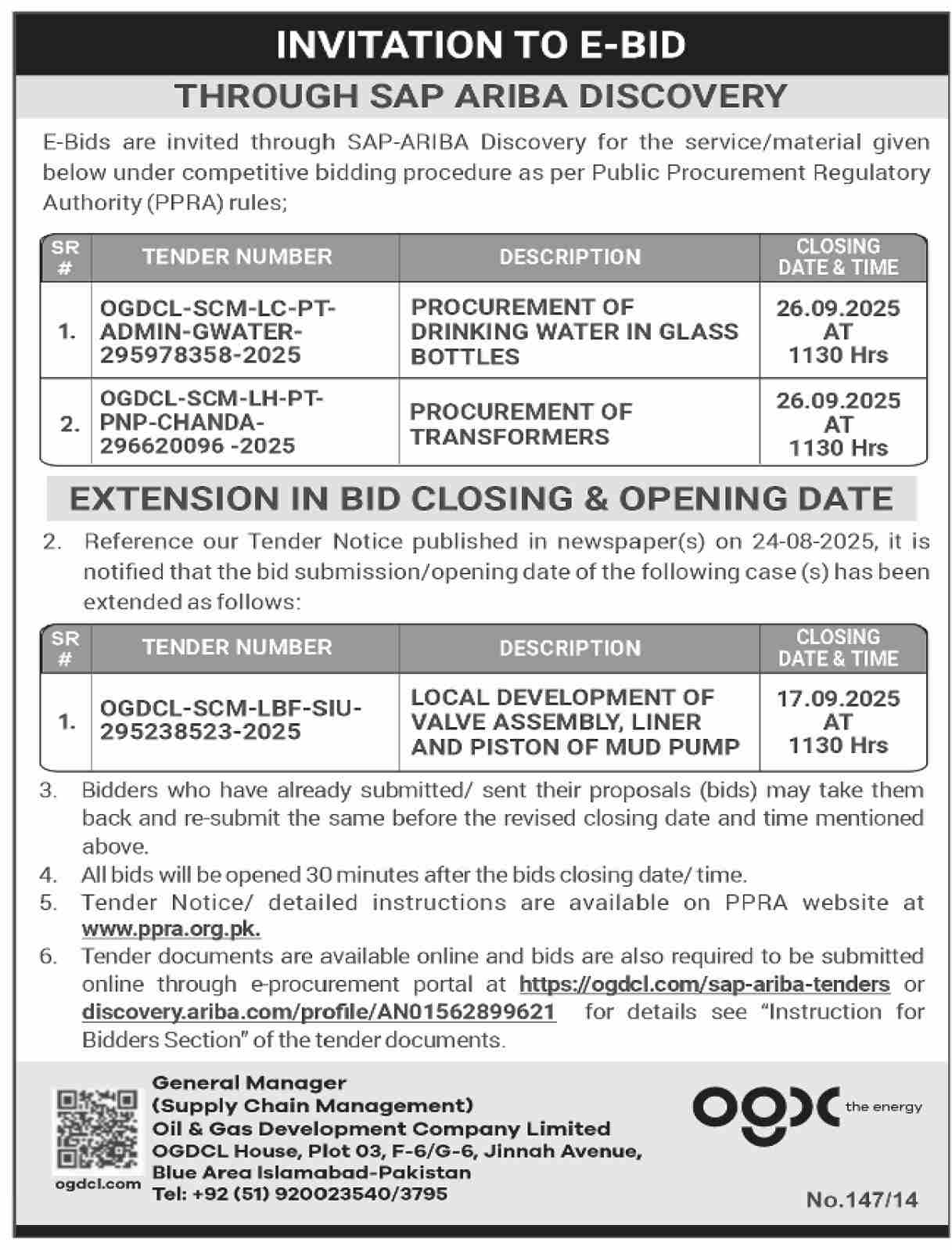 Oil & Gas Development Company Limited Islamabad Tender Notice